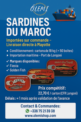 Sardines Maroc importées à Mayotte – Vente en gros carton 18 kg (Fiesta, Golden Fish, Mer du Sud)